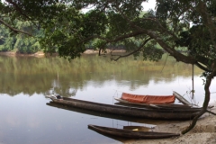 A panorama of the Lomami River at Katopa Camp. We spent several days in the large pirogue shown.