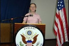Christina Bergey giving a talk on her research at the U.S. embassy in Antananarivo, Madagascar.