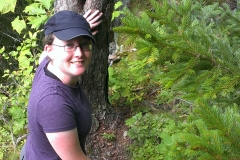 Christina Bergey, having spotted a frog in Mount Kineo State Park in Maine.